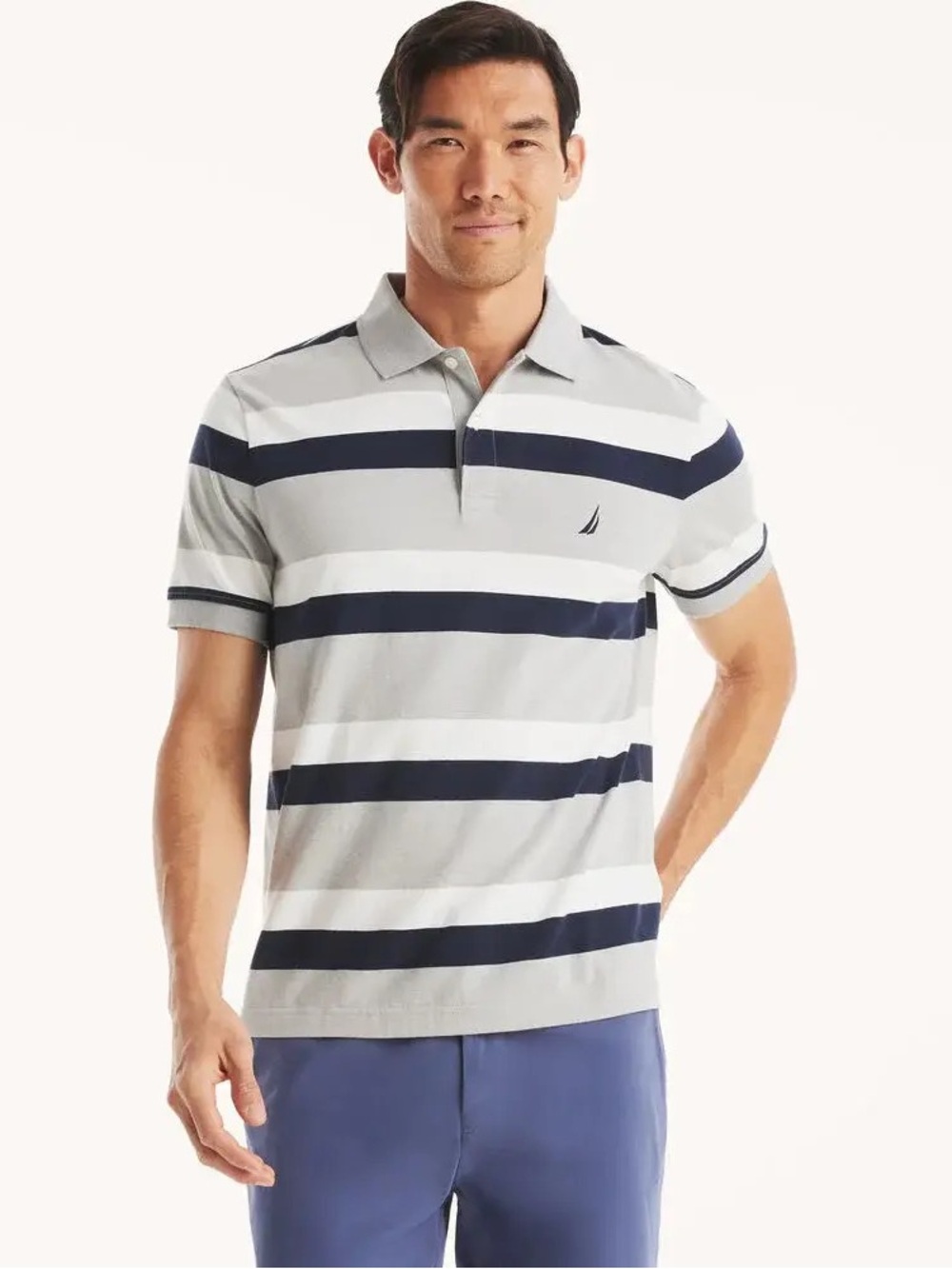 Nautica Men’s Light Gray & Navy Horizontal Stripe Polo